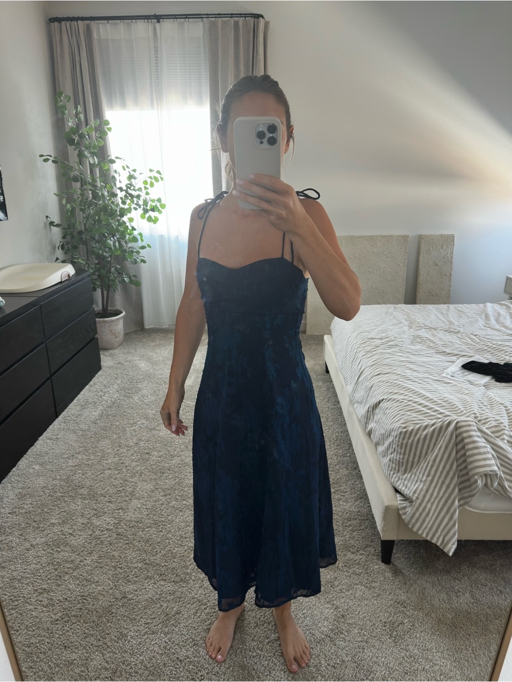 NWT Lulus navy blue floral jacquard tie strap midi dress - Picture 5 of 9